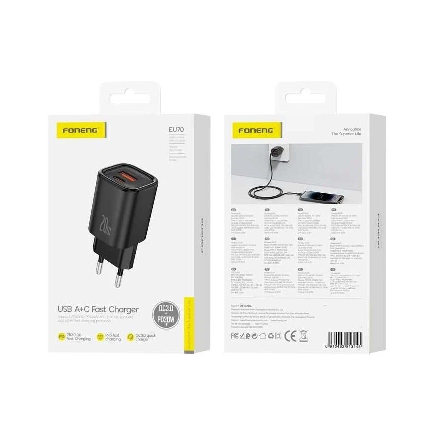 FONENG настенный зарядное устройство EU70 PD 20W 1xUSB-C + 1xUSB QC3.0 Черный
