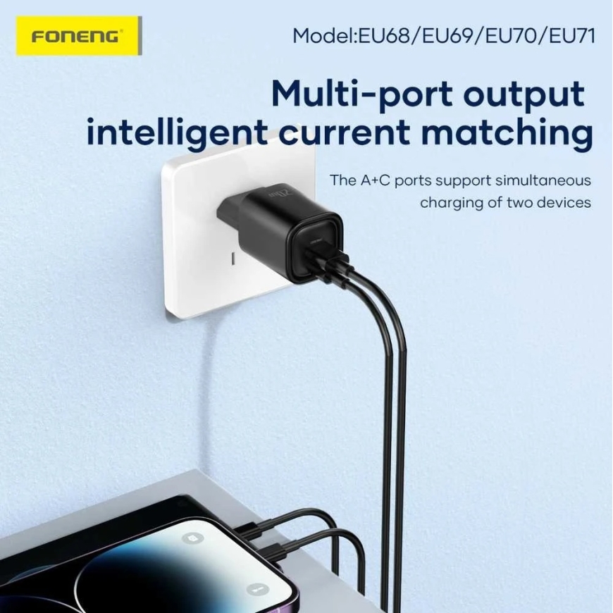 FONENG seinälaturi EU70 PD 20W 1xUSB-C + 1xUSB QC3.0 Musta – 3
