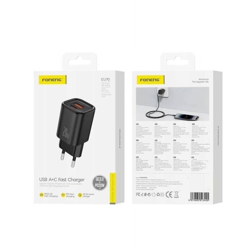 FONENG sienas lādētājs EU70 PD 20W 1xUSB-C + 1xUSB QC3.0 Melns – 5