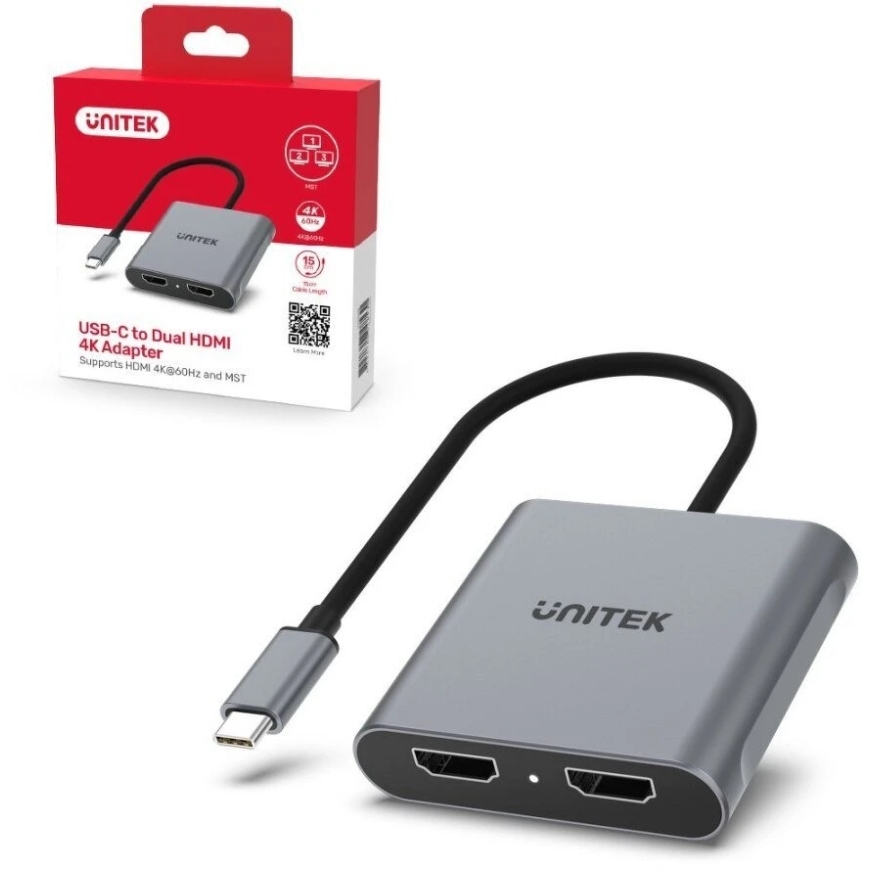 ПЕРЕХОДНИК UNITEK USB-C 2X HDMI 2.0 MST HDCP 2.2 M/F
