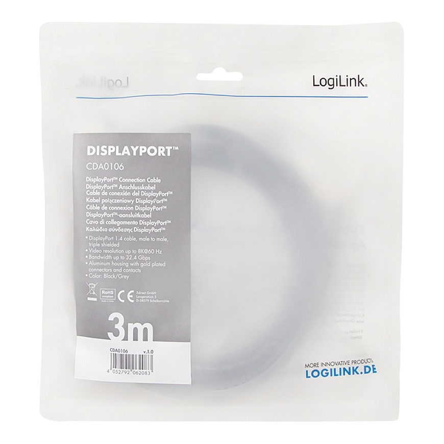 LogiLink CDA0106 DisplayPort-kaapeli 3 m Musta, Harmaa – 3