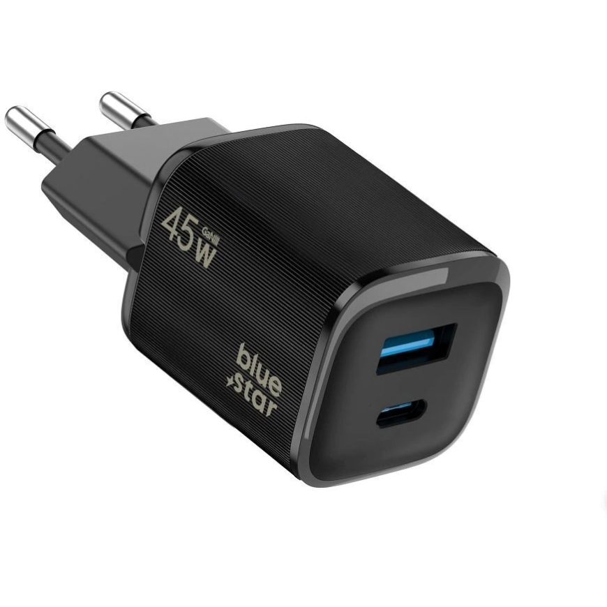 BlueStar tālruņa lādētājs Blue Star Nano GaN USB C + USB A QC4.0 PD 3A 45W VT-334 melns – 3