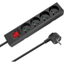 Extension Cord, 4 sockets, 3 m, French type, with switch (3x1.5 mm), Rebel black