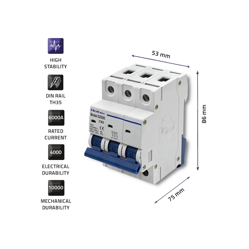 QOLTEC 52595 Pārsprieguma ķēdes breakers C63 / Drošinātājs / AC / 63A / 3P – 4