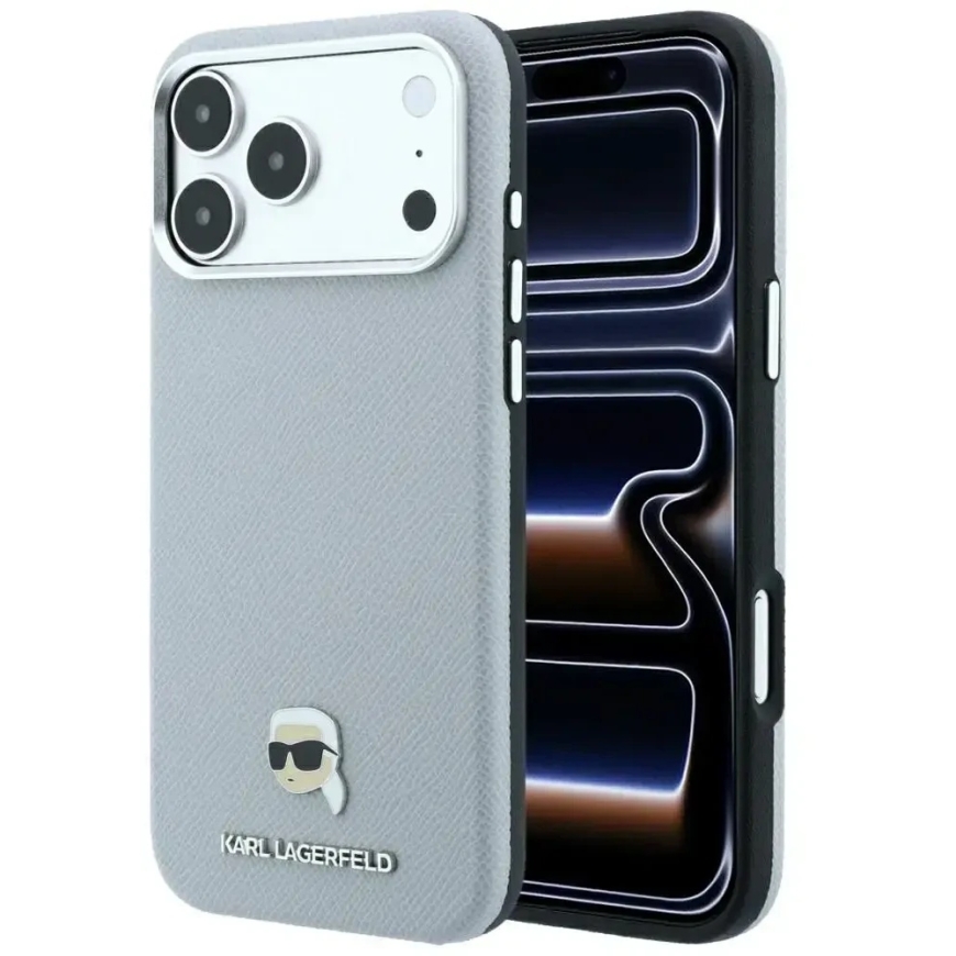 Karl Lagerfeld Grained Karl Head Metal MagSafe maciņš iPhone 18 Pro Max / 17 Pro Max - pelēks