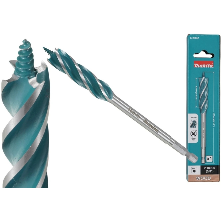 Makita Puupora, jossa on 4 urtaa ja 4 leikkuureunaa, 16x165 mm, 1/4" kuusikulmahakulla E-26652 – 3