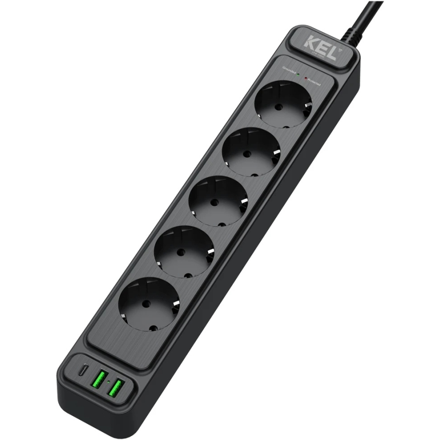 Plastrol Защитный удлинитель, 5 розеток 2P+Z и 2xUSB-A, 1xUSB-C, 5 м, Schuko – 2