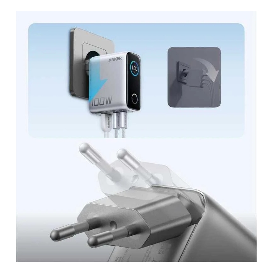 Anker laadija 100W, 2xUSB-C, 1xUSB hõbedane