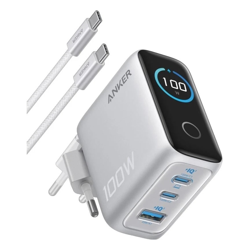 Anker charger 100W, 2xUSB-C, 1xUSB sidabrinis – 2