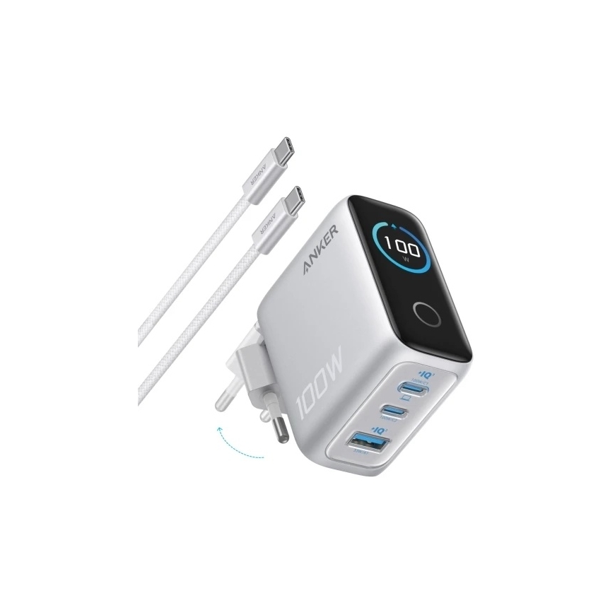 Anker charger 100W, 2xUSB-C, 1xUSB sidabrinis – 3