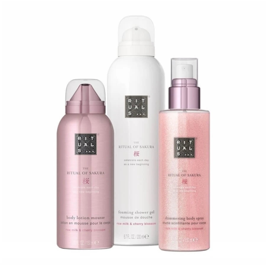 Rituals komplekts: The Ritual Of Sakura, Dušas putojums, 200 ml + The Ritual Of Sakura, Mirdzošs ķermeņa aerosols, 150 ml + The