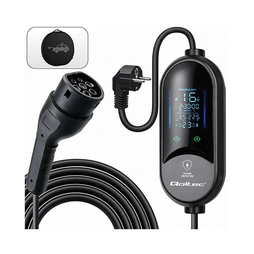 Qoltec Mobiilne laadija elektri- ja hübriidautodele 2-in-1 regulaatoriga Tüüp2 | 3.5kW | 230V | SCHUKO 16A | LED | 5m