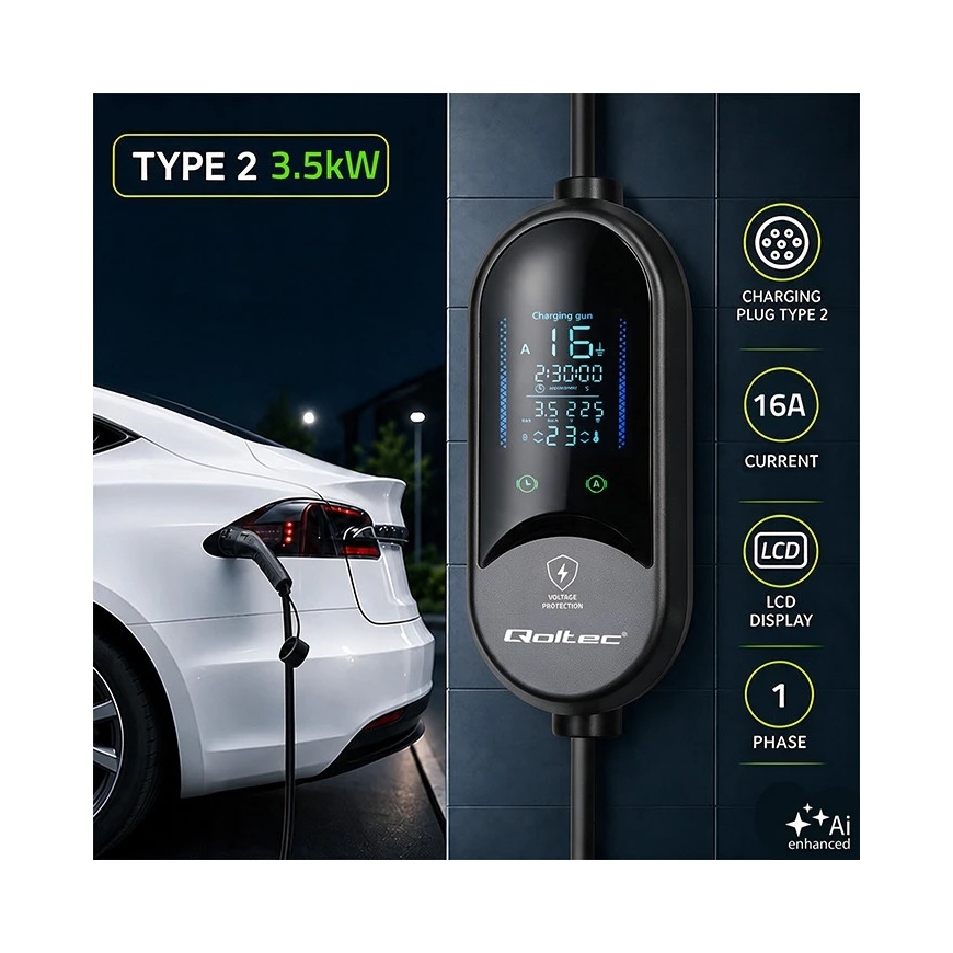 Qoltec Mobiilne laadija elektri- ja hübriidautodele 2-in-1 regulaatoriga Tüüp2 | 3.5kW | 230V | SCHUKO 16A | LED | 5m – 2