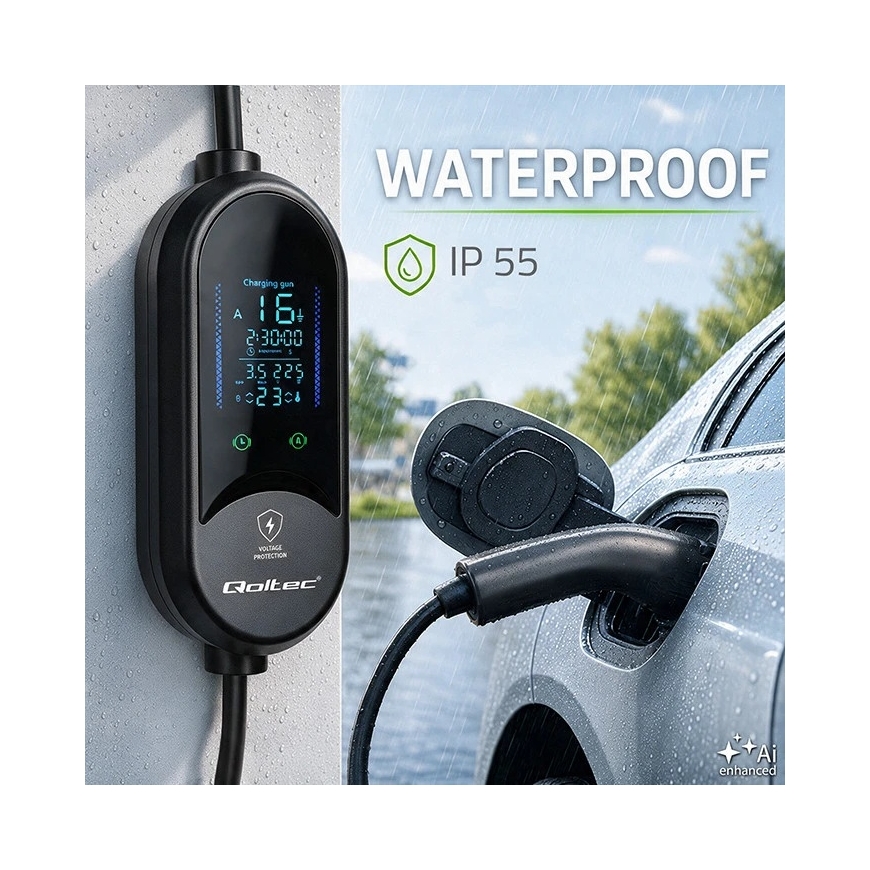 Qoltec Мобильное зарядное устройство для электрических и гибридных автомобилей с регулировкой 2-в-1 Тип2 | 3.5кВт | 230В | SCHUK – 3