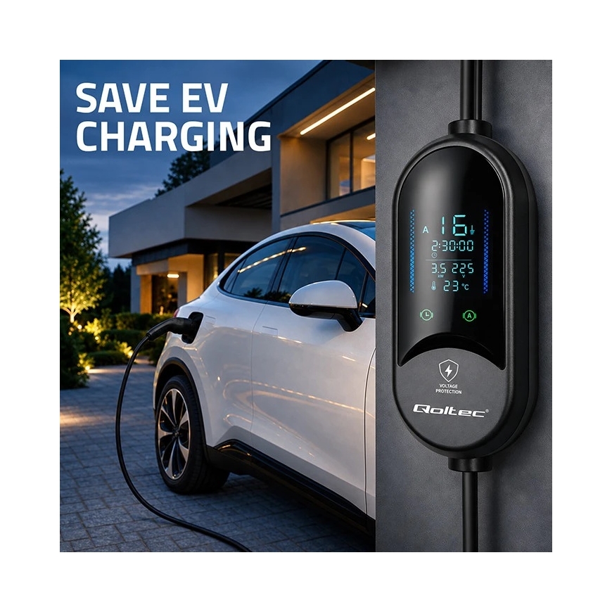 Qoltec Mobilna kroviklis automobiliui elektrycznego EV i hybryd su regulacją 2w1 Typ2 | 3.5kW | 230V | SCHUKO 16A | LED | 5m – 4