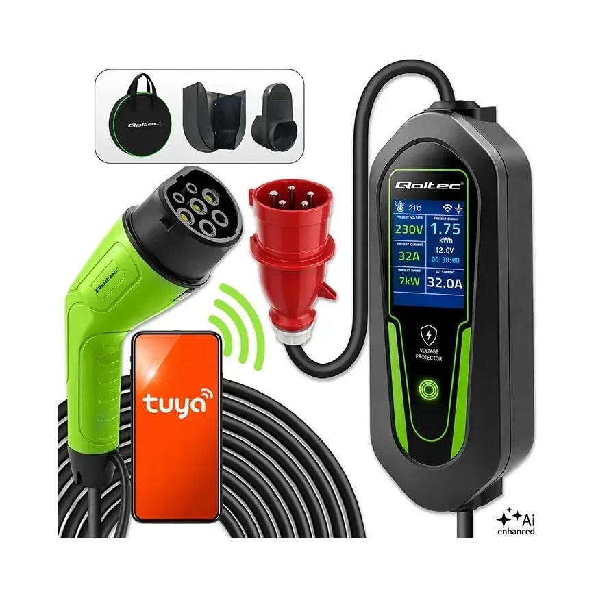 Qoltec Įkroviklis automobiliui elektrycznego EV i hybryd su regulacją 2w1 Typ2 | 7kW | 230V | CEE 32A | Wi-Fi | Tuya | Smart lif
