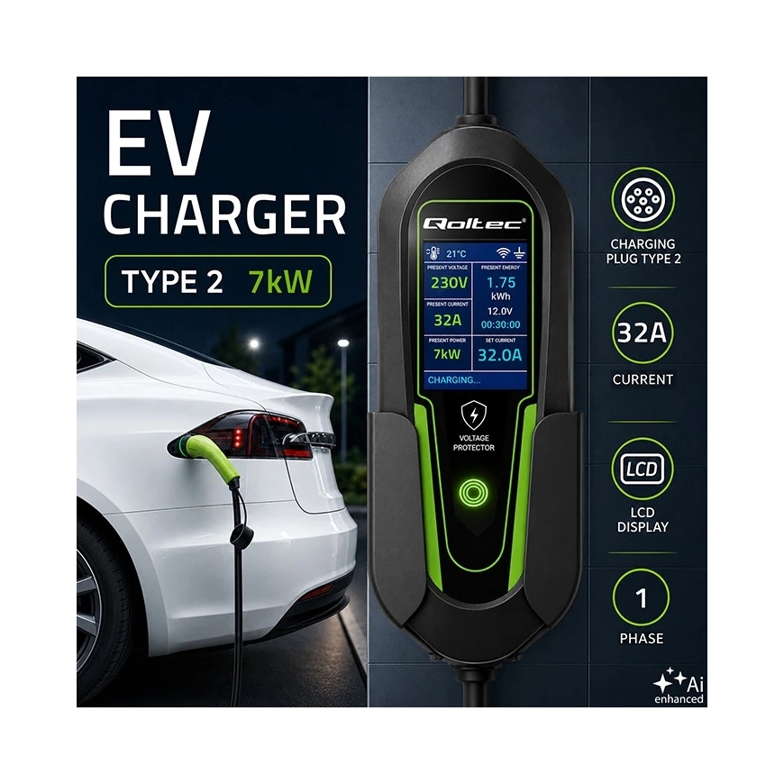 Qoltec Elektriskā EV un hibrīdauto lādētājs ar regulējamu 2in1 Tips2 | 7kW | 230V | CEE 32A | Wi-Fi | Tuya | Viedā dzīve | LCD | – 3