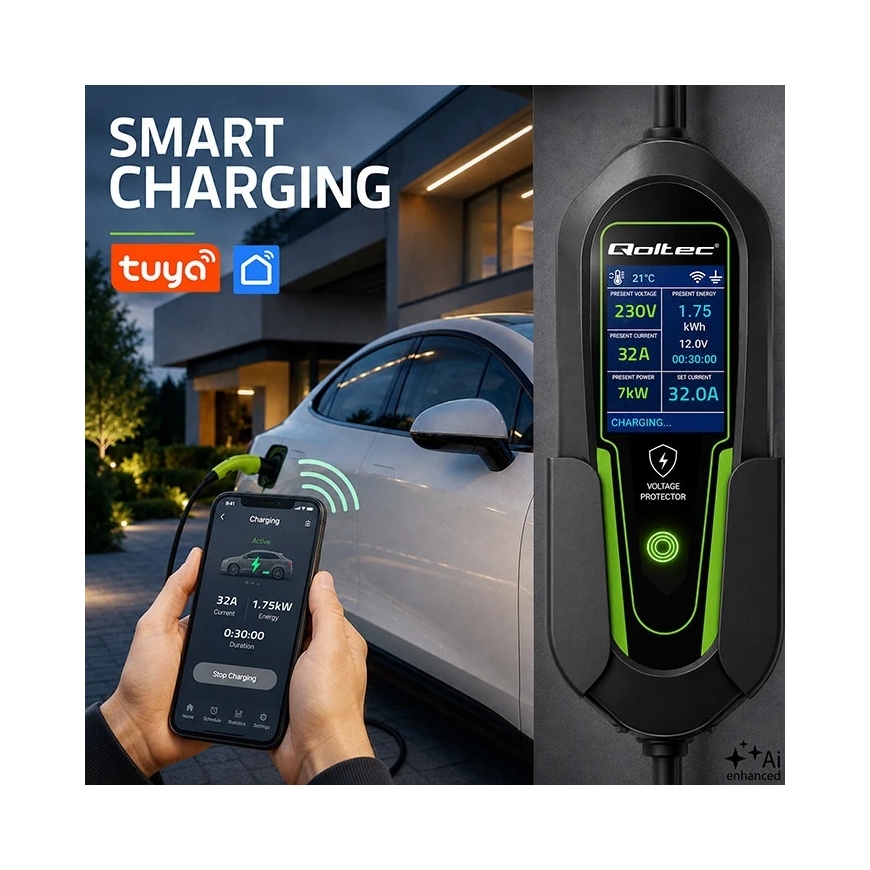 Qoltec Зарядное устройство для электромобилей и гибридов с регулировкой 2в1 Тип2 | 7кВт | 230В | CEE 32A | Wi-Fi | Tuya | Умная – 5