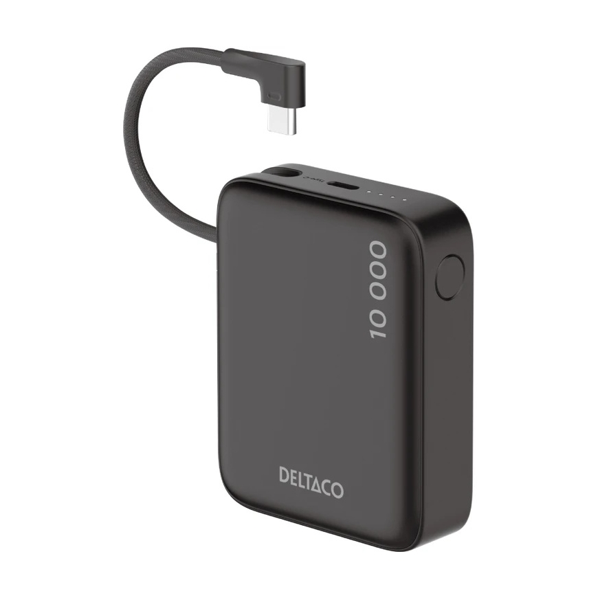 DELTACO External Battery, 10,000 mAh, Integrated Textile Cable, PD 20 W, Black / PB-CC101 / 1903846
