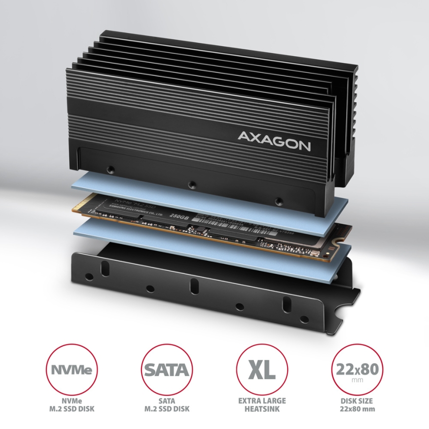 Axagon CLR-M2XL Tietokoneen jäähdytysjärjestelmä M.2 NVMe SSD, SSD-asema Jäähdytyslevy/jäähdytin Mus – 2