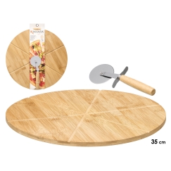 Round Bamboo Board with Pizza Cutter Set, 3.5 × 38 × 35 cm, 1349