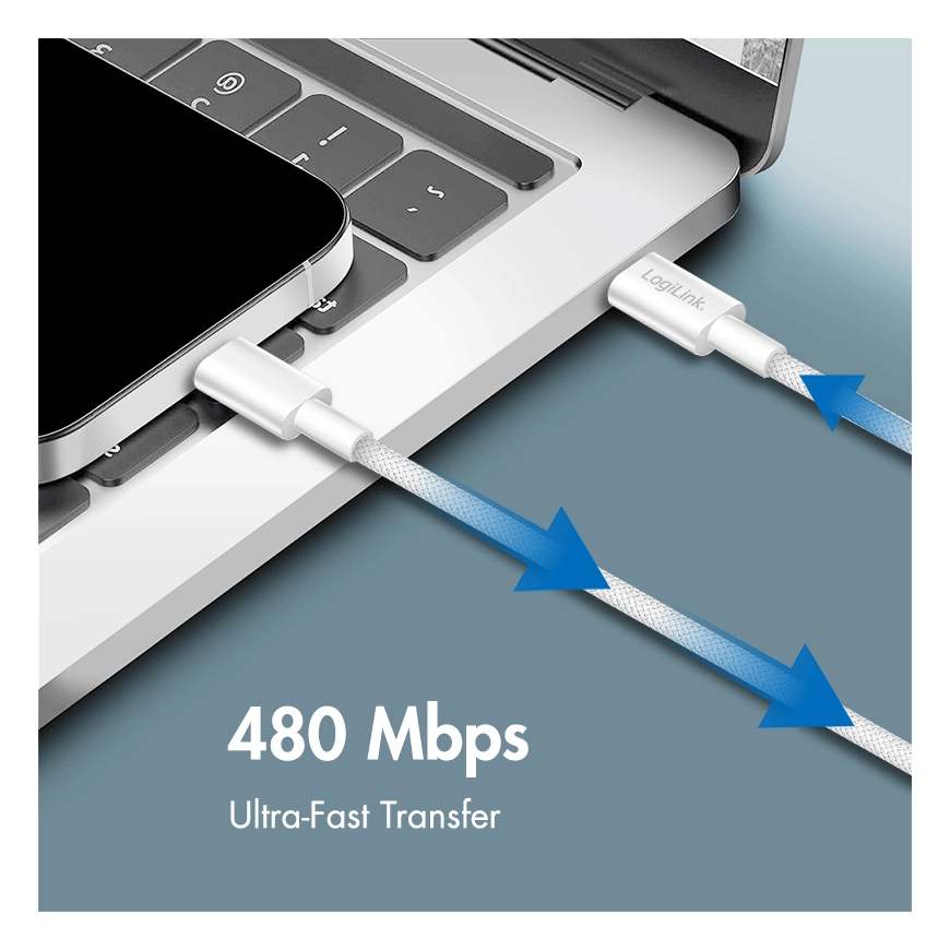 LogiLink USB 2.0 Type-C cable, C/M to C/M, nylon jacket, 60W, white, 1 m – 3