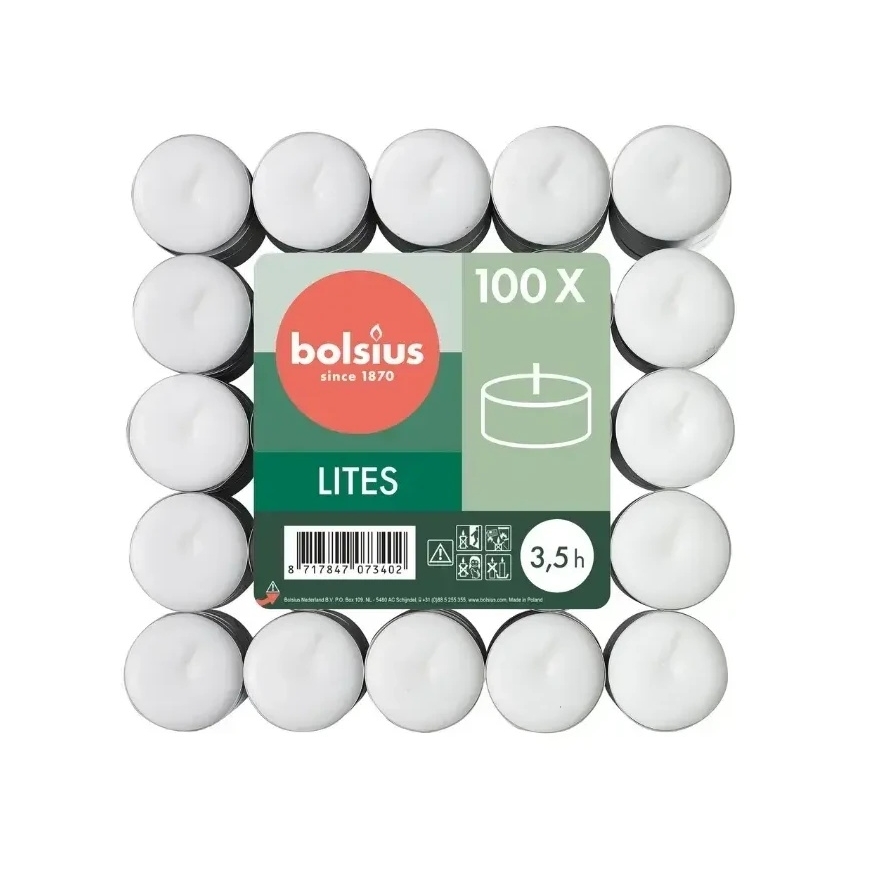 Tea Light свеча BOLSIUS, белая, в металлической банке, 3,5 ч, 100 шт.