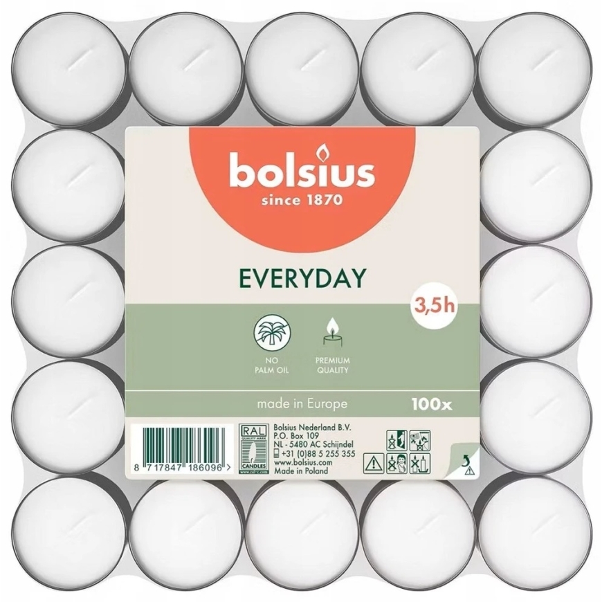 BOLSIUS Tea Light Candle, white, in metal container, 3.5h, 100 pcs. – 2