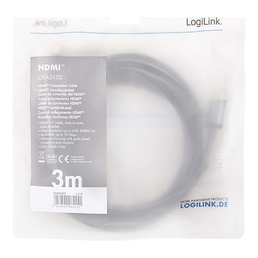 LogiLink CHA0102 HDMI cable 3 m HDMI Type A (Standard) Black, Grey – 3