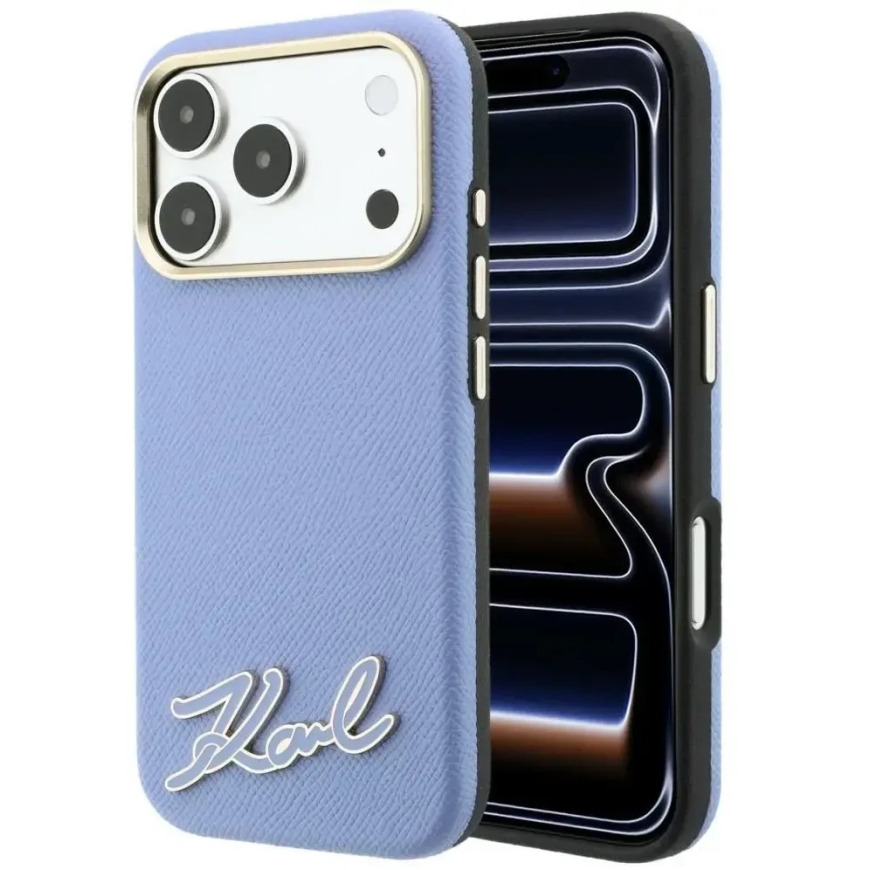 Dėklas Karl Lagerfeld Grained with Resin Signature Logo MagSafe Case for iPhone 18 Pro Max / 17 Pro Max - Light Mėlyna