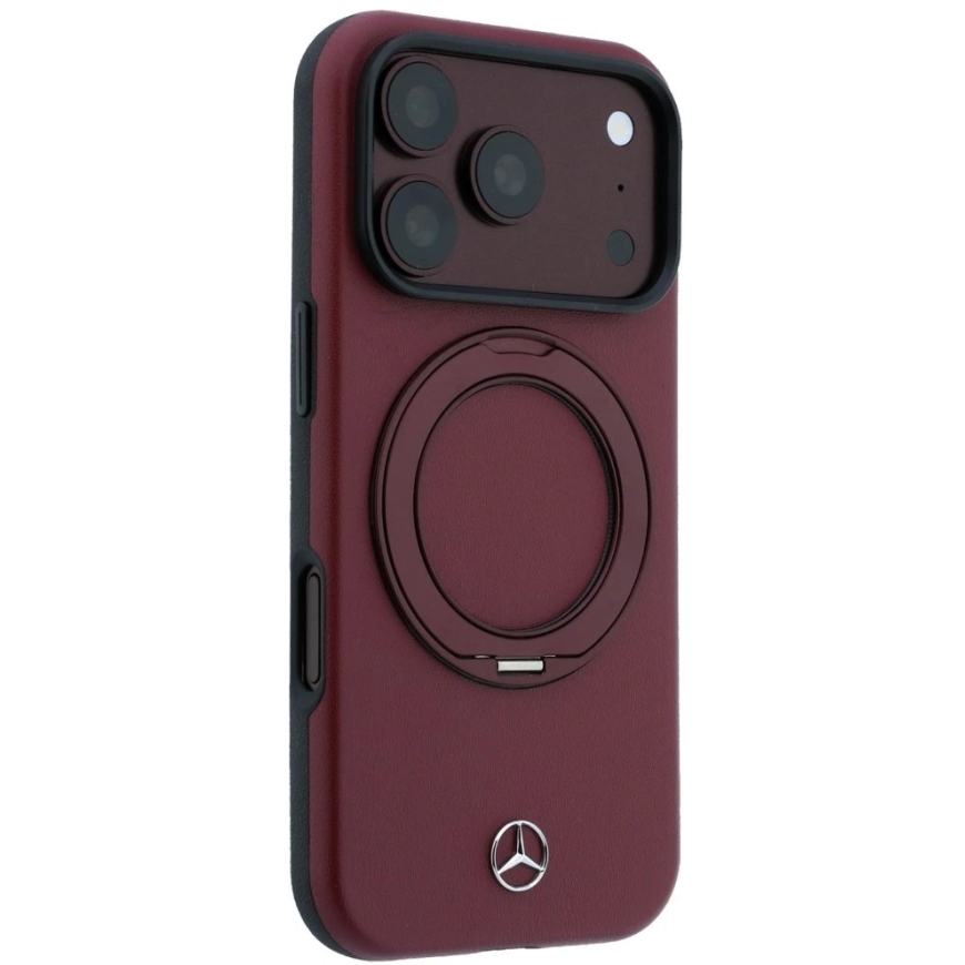 Mercedes ādas vāciņš ar gredzena statīvu MagSafe iPhone 18 Pro / 17 Pro bordo krāsā – 4