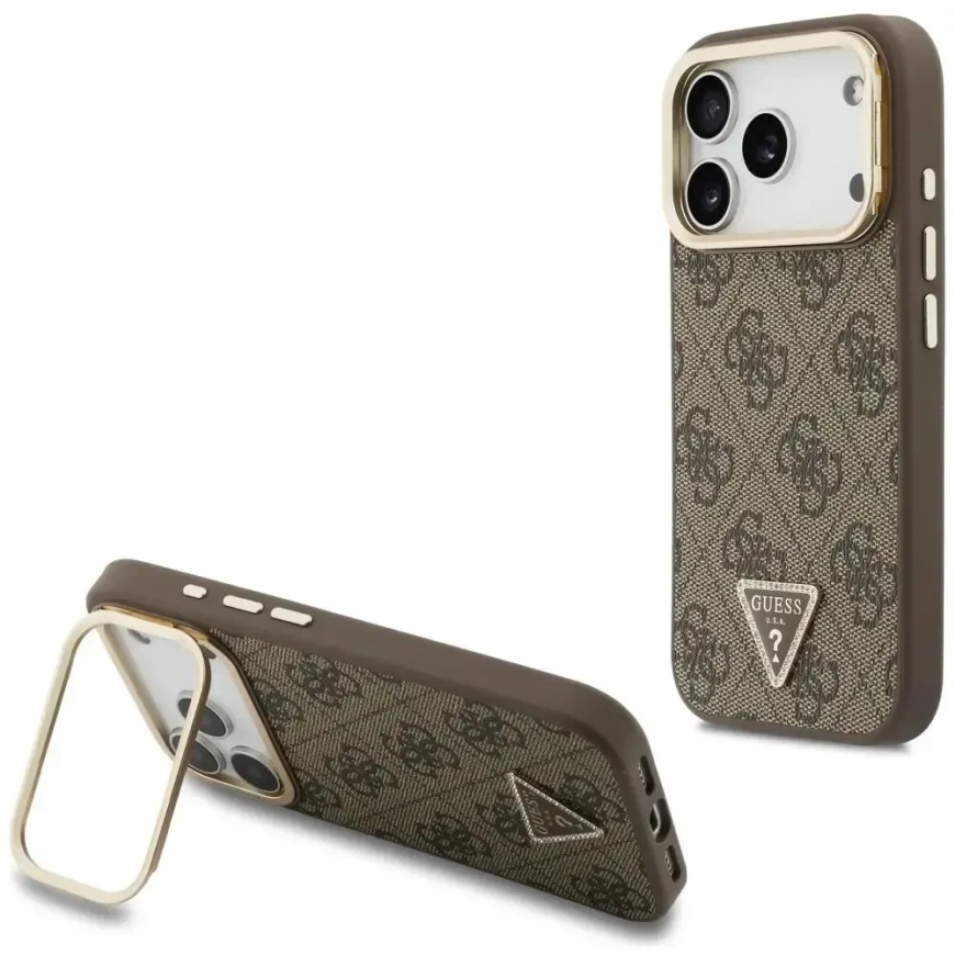 Guess 4G PU Triangle Logo & Stand Camera Magsafe Case for iPhone 18 Pro / 17 Pro brown
