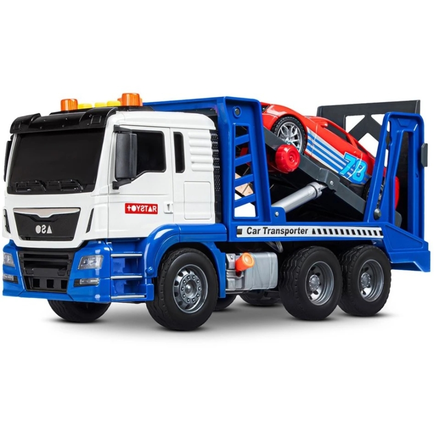 Lean Toys Игрушечный автоперевозчик с спортивным автомобилем, синий и белый, 31,5 × 19,5 × 11 см – 5
