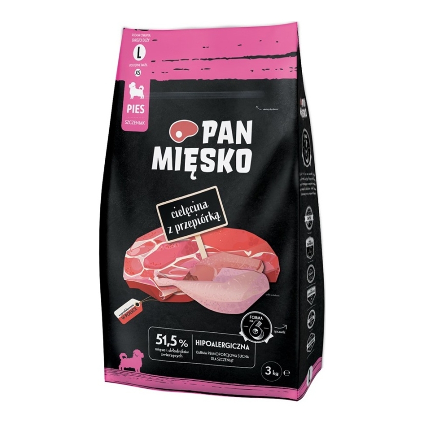 PAN MIĘSKO Puppy Veal with Quail L - dry dog food - 3kg