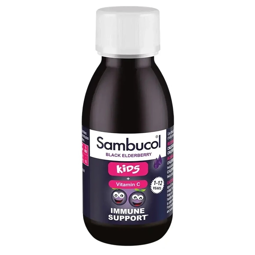 Sambucol, Lapset, Must elderberry ja C-vitamiini, Immuniteettijärjestelmää tukevat, Siirappi, 120 ml – 2