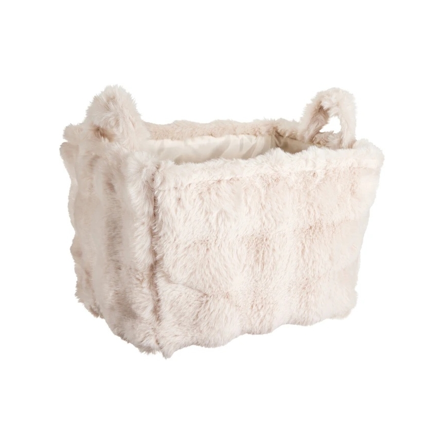 Storage Solutions Rectangular Basket with Handle, Faux Plush Fur, Sand Color, 40 x 30 x 28 cm