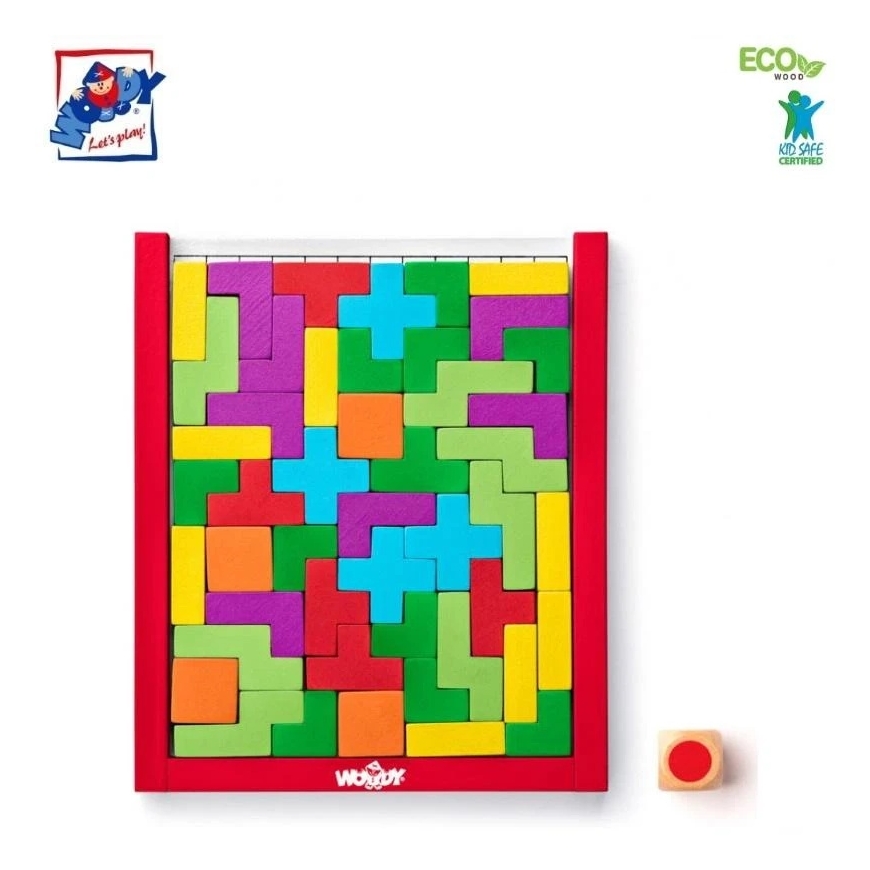 Woody 91918 Eco Wood Logical "Mīkla" kubu spēle kā Tetris (48gab) bērniem no 3 gadu vecuma (17,5x15x1,9cm)