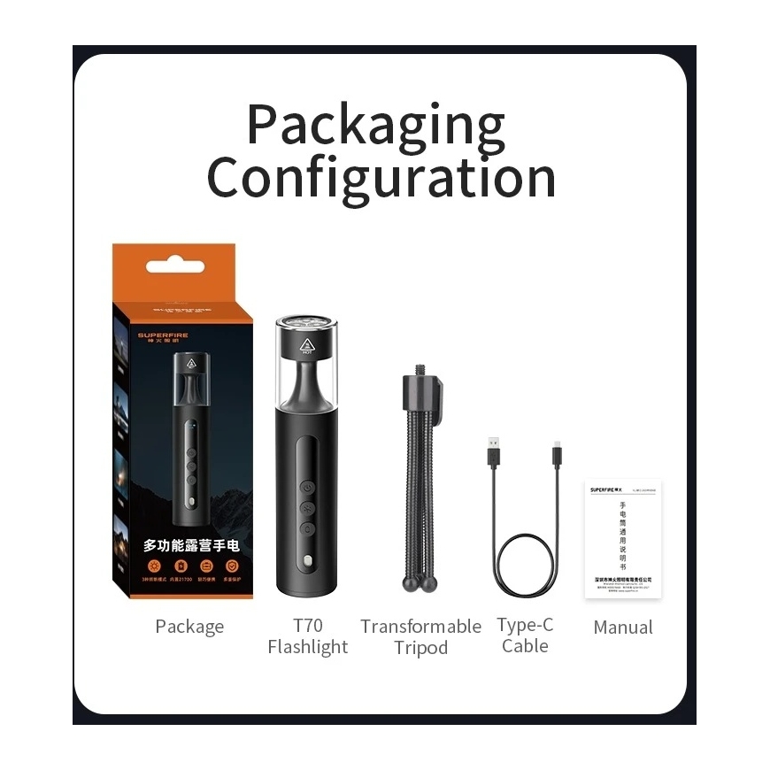 Superfire Camping Flashlight 3in1, 9W 700lm, +amber +UV 365nm 4000mAh USB C – 2