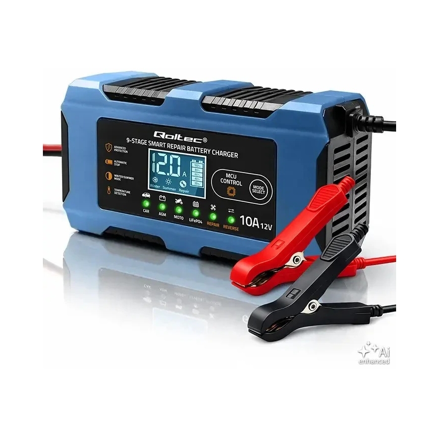 Qoltec Protingas Charger 12V 10A | Charger with Recovery Function | MCU | Auto OFF | 9-Stage Charging | AGM GEL LiFePO4