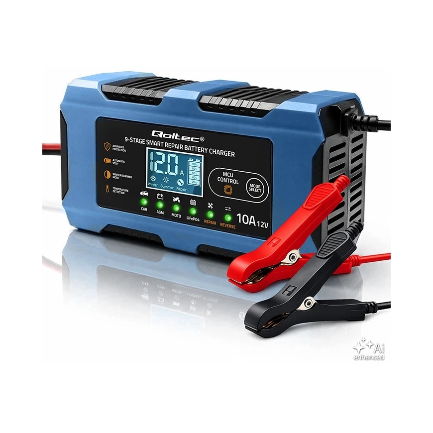 Qoltec Älykäs Laturi 12V 10A | Laturi palautusfunktion kanssa | MCU | Automaattinen POIS | 9-vaiheinen lataus | AGM GEL LiFePO4 – 2