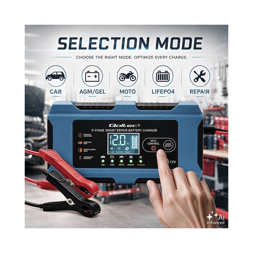 Qoltec Protingas įkroviklis 12V 10A | Įkroviklis su atkūrimo funkcija | MCU | Auto OFF | 9 pakopų įkrovimas | AGM GEL LiFePO4 – 3