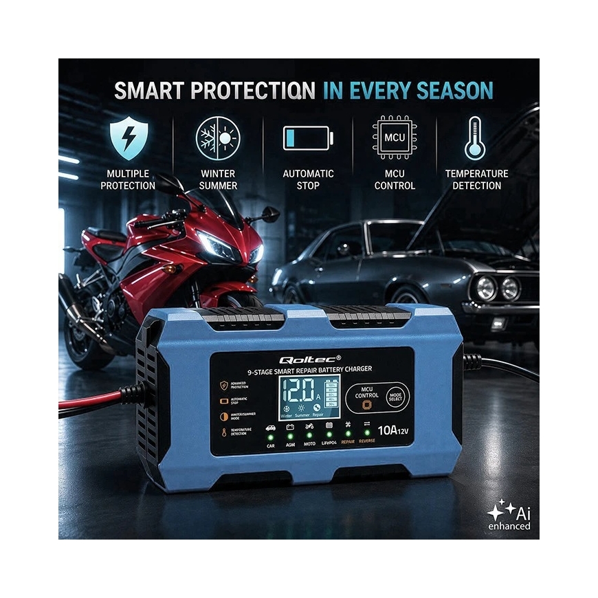 Qoltec Intelligent Laadija 12V 10A | Laadija taastamisfunktsiooniga | MCU | Automaatne VÄLJAS | 9-etapiline laadimine | AGM GEL – 5