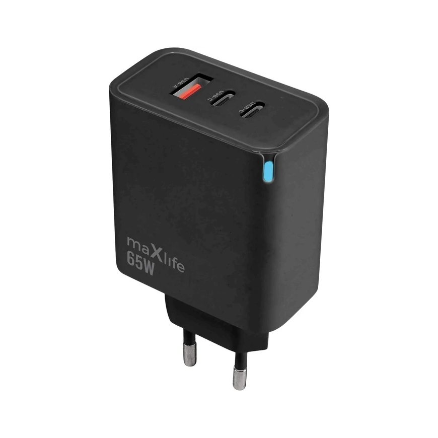 Maxlife MXTC-09-65ACC GaN PD QC charger 2x USB-C 1x USB 65W black