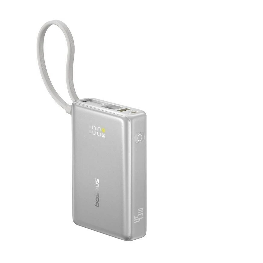 Baseus PicoGo 10 000 mAh 45 W ārējā akumulators ar digitālo displeju un integrētu USB-C kabeli – titāna krāsa