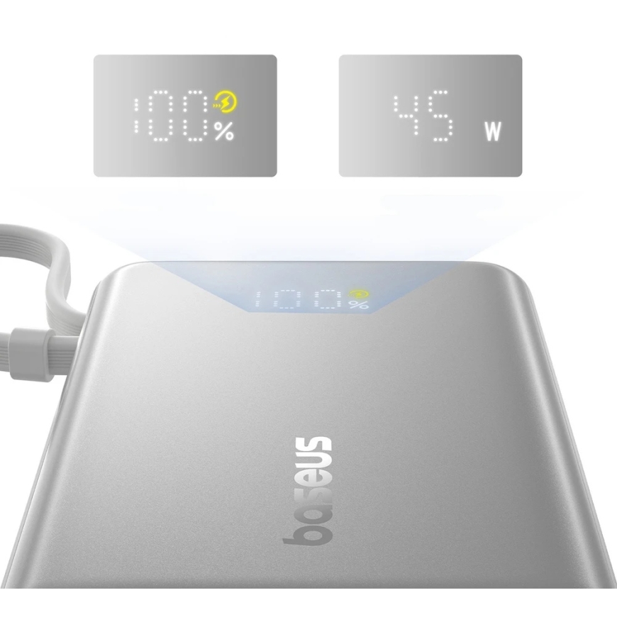 Baseus PicoGo 10 000 mAh 45 W ulkoinen akku digitaalisella näytöllä ja integroitu USB-C-johto – titanin väri – 4