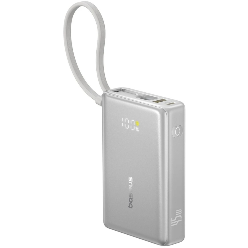 Baseus PicoGo 10 000 mAh 45 W išorinė baterija su skaitmeniniu ekranu ir integruotu USB-C laidu – titano spalvos – 5