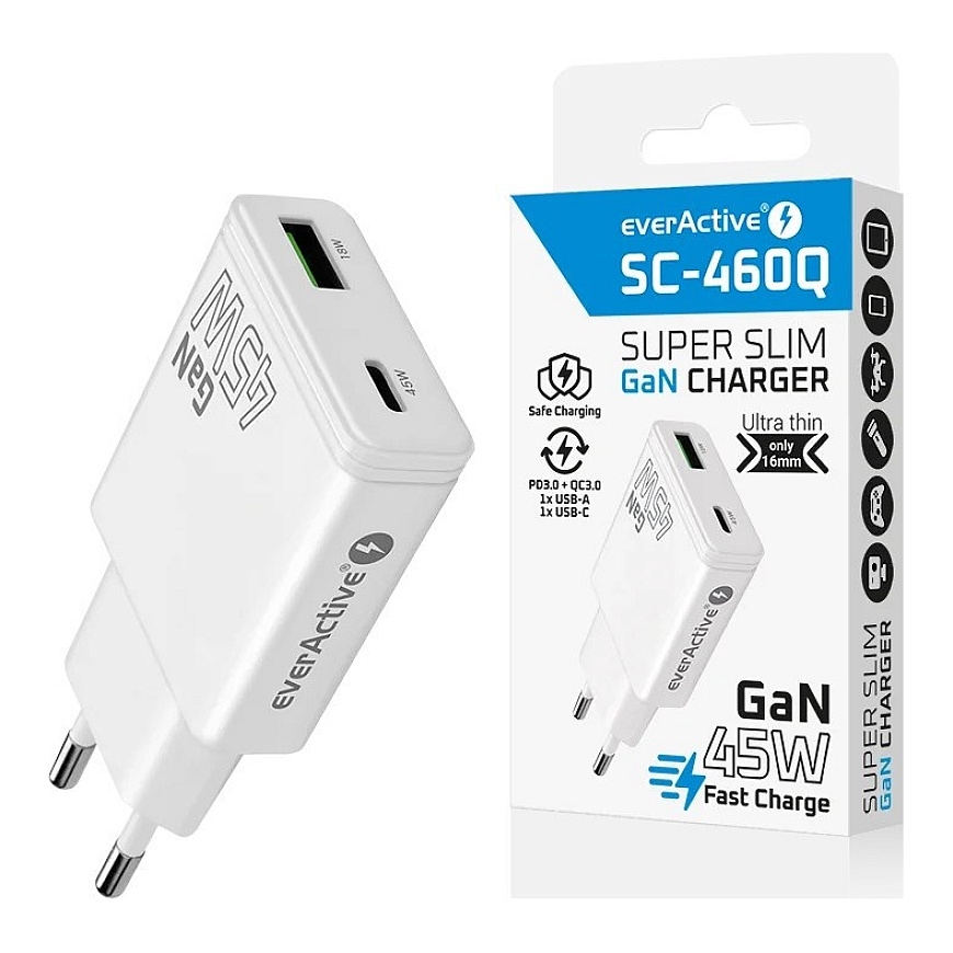 Laadija GaN 1x USB-C, 1x USB Quick Charge 3.0 45W PD valge – 5