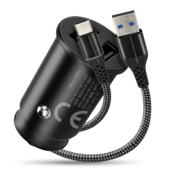 Automobilinis įkroviklis 2 X USB 12W juodas + USB-C laidas 1m