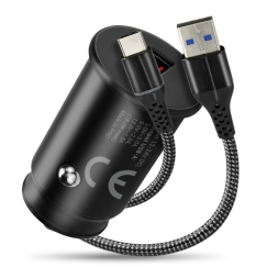 Auto lādētājs 1 X USB QC3.0 18W melns + USB-C kabelis 1m