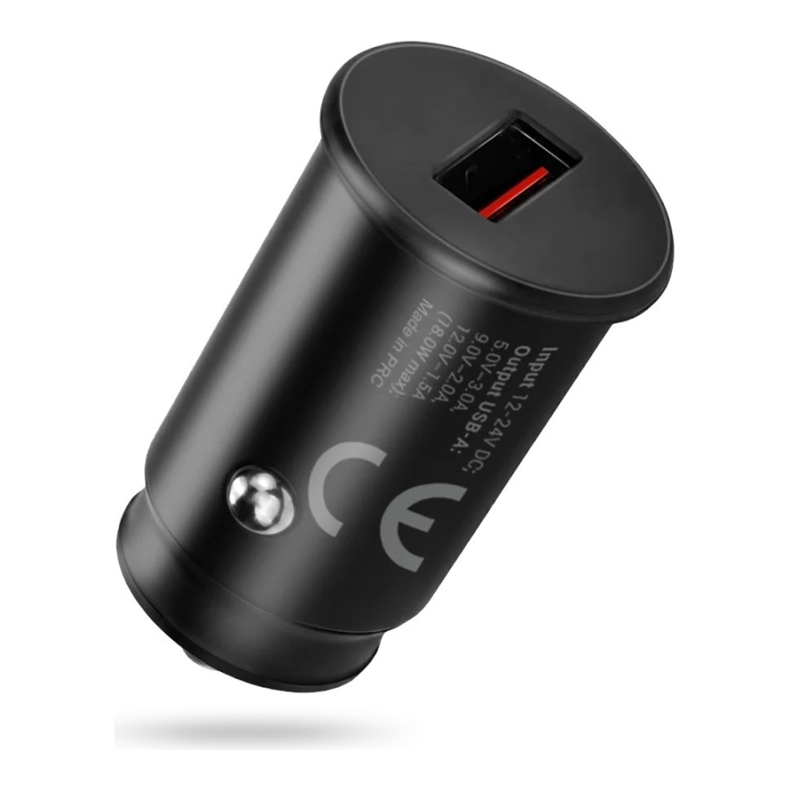 Autolaturi 1 x USB QC3.0 18W musta + USB-C -kaapeli 1m – 3